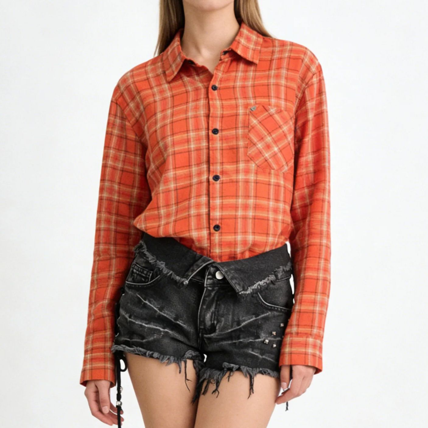 Women'S Y2K Fashion Aesthetic - Women's Orange Collared Long Sleeve Casual