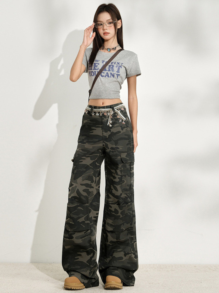 Women'S Fashion Utility Pants - Fashion Camouflage Women Jeans Wide Leg