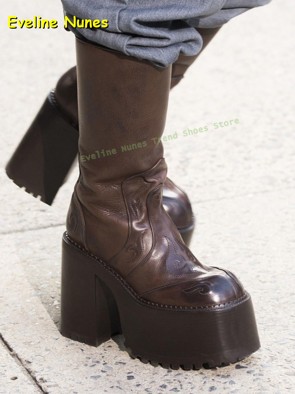 Women'S Fashion Trends - Embroidery Platform Knee High Boots Round