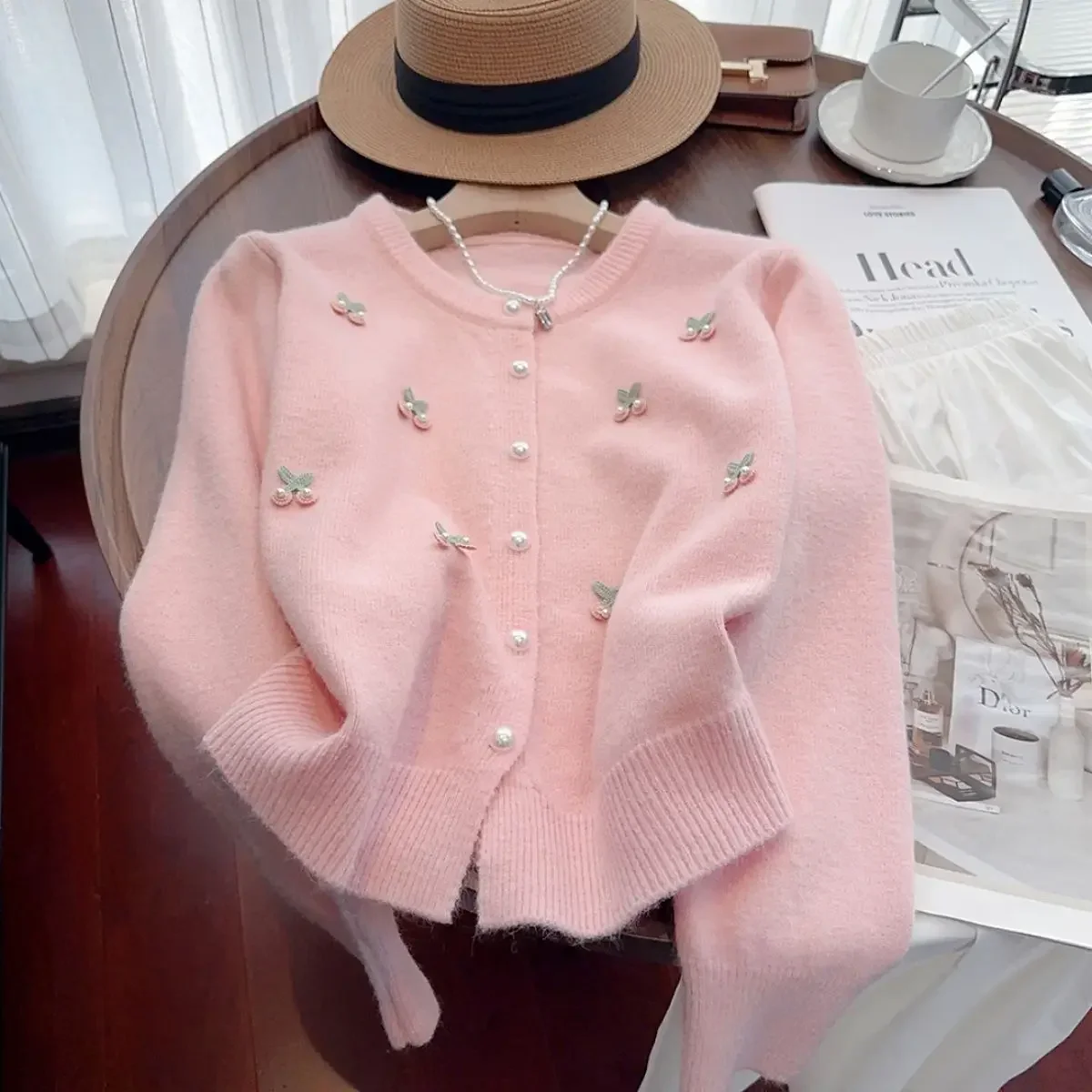 Women'S Y2K Fashion Aesthetic - Harajuku Cherry Embroidery Cardigan Sweater Knit
