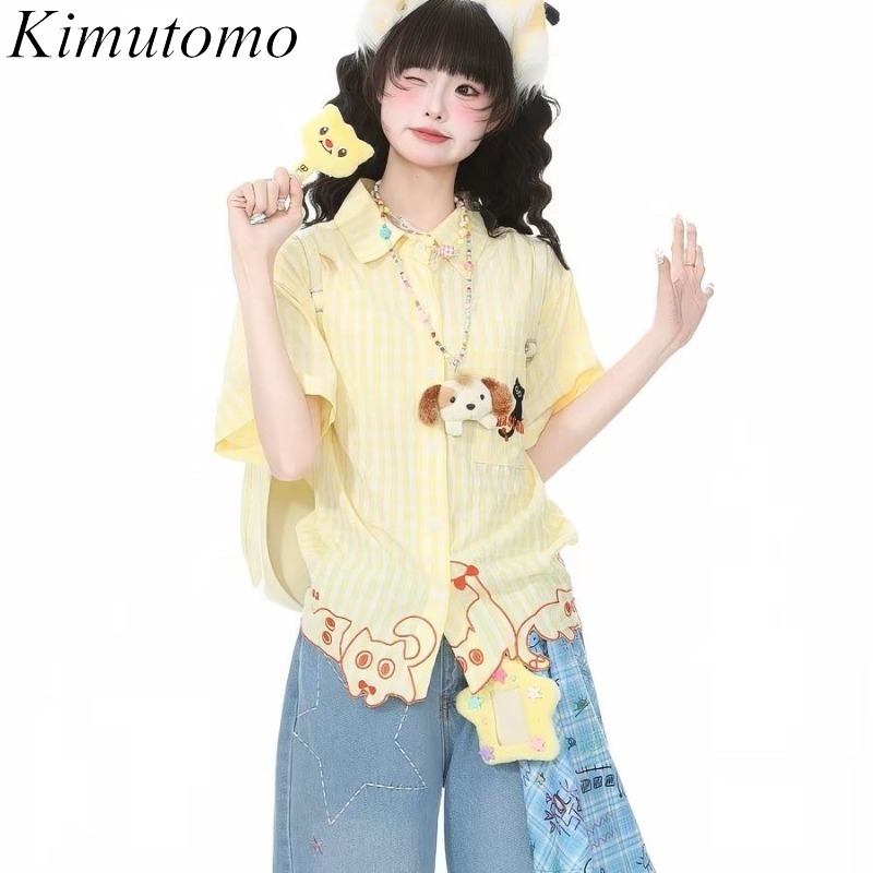 Women'S Y2K Fashion Aesthetic - Kimutomo Shirts Women Embroidery Cat Plaid