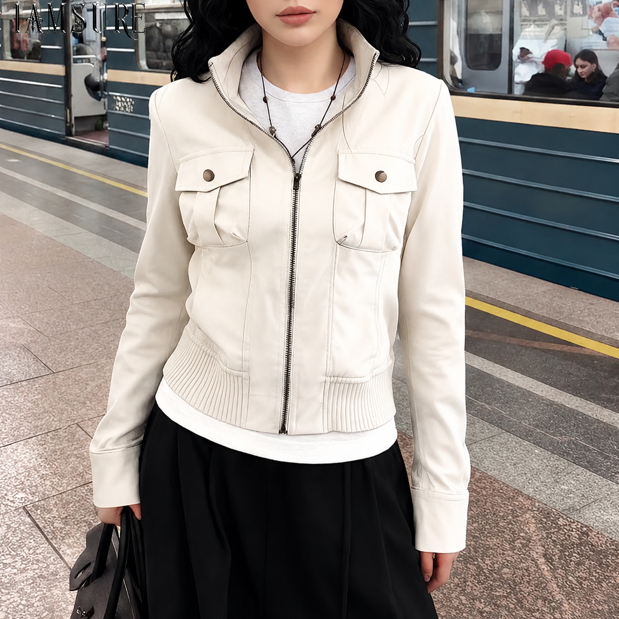 Women'S Fashion Utility Jacket - Women’s Cream Zip-Up Jacket Casual Utility
