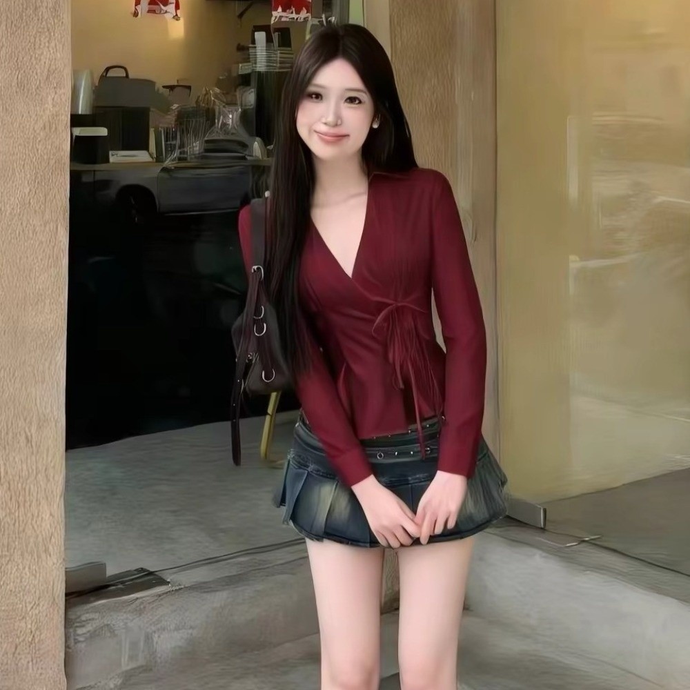 Women'S Y2K Fashion Aesthetic - Fashion Long-sleeved Slim Fit Shirt V-neck