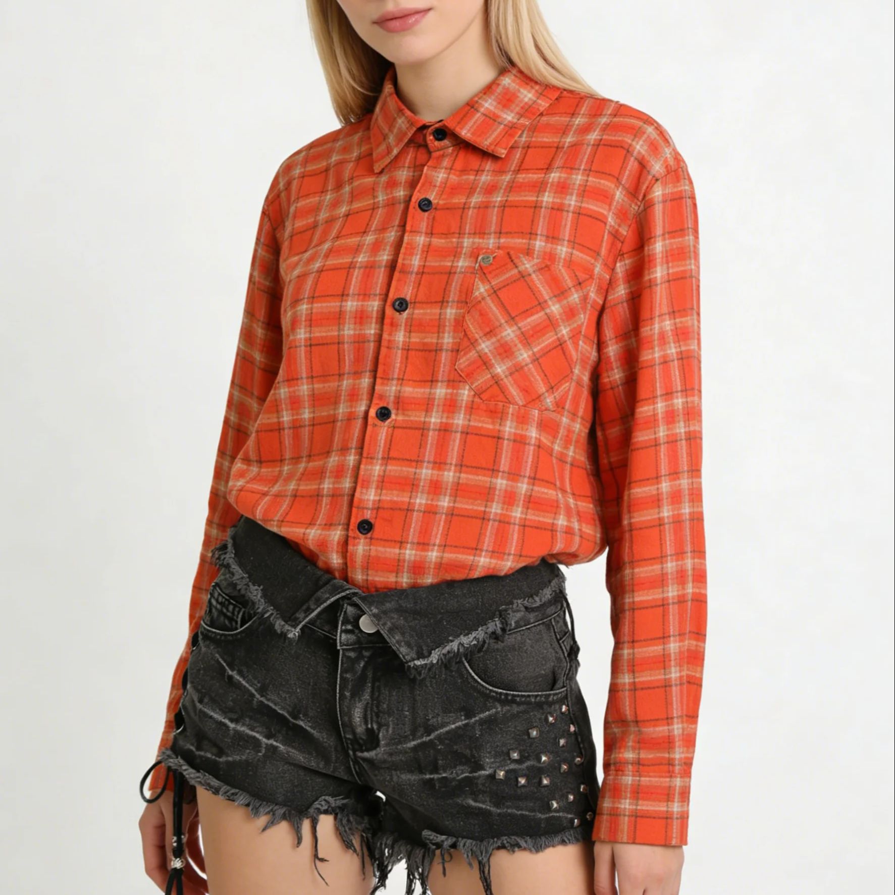 Women's Orange Collared Long S - Women'S Y2K Fashion Aesthetic 评论和价格