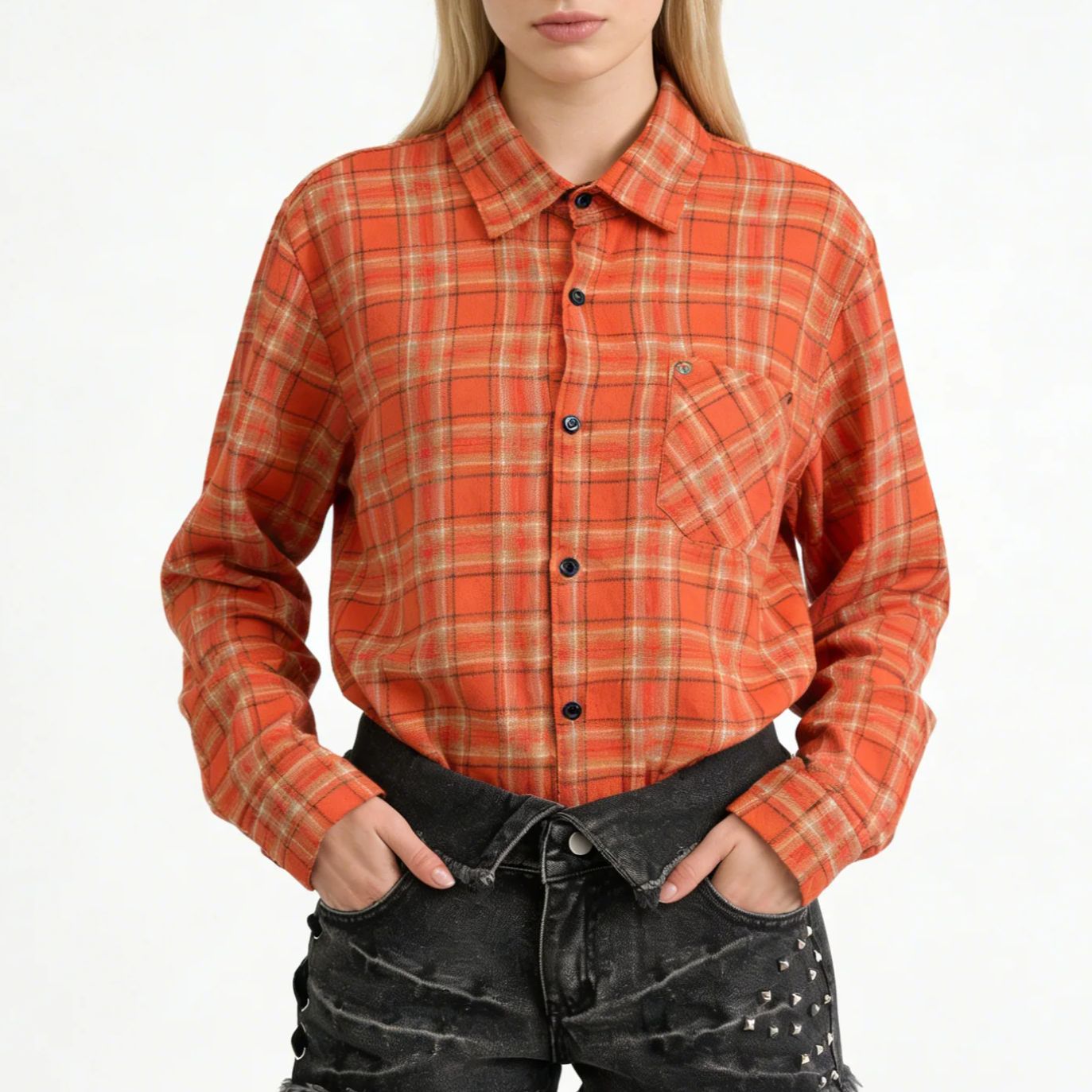 Women's Orange Collared Long S - Women'S Y2K Fashion Aesthetic 评论和价格