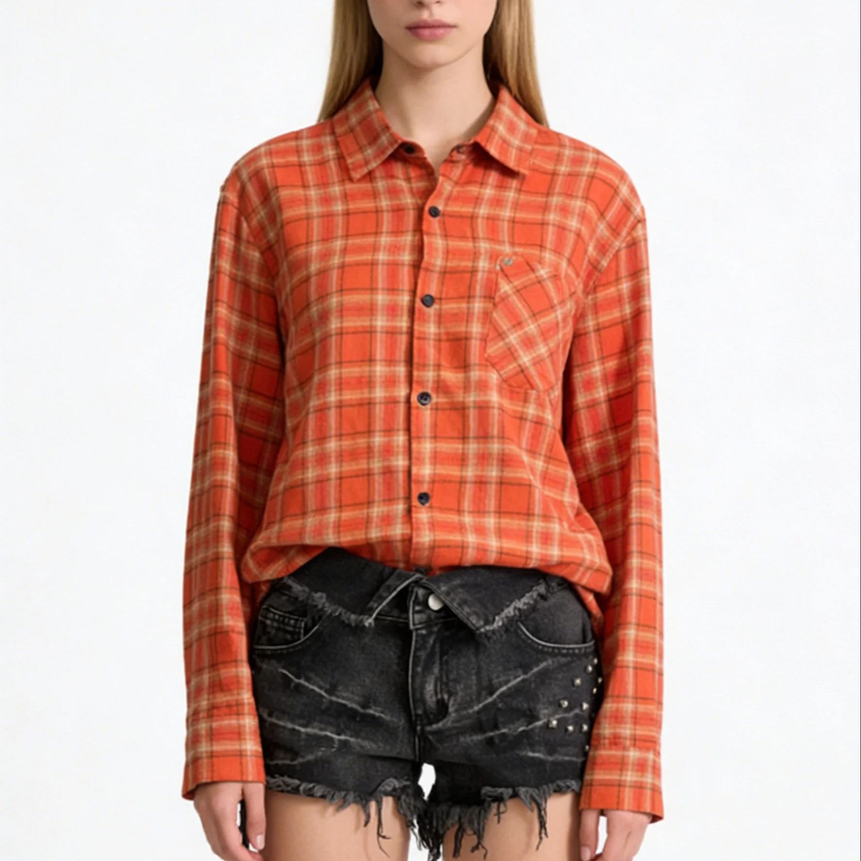 Women's Orange Collared Long S - Women'S Y2K Fashion Aesthetic 评论和价格