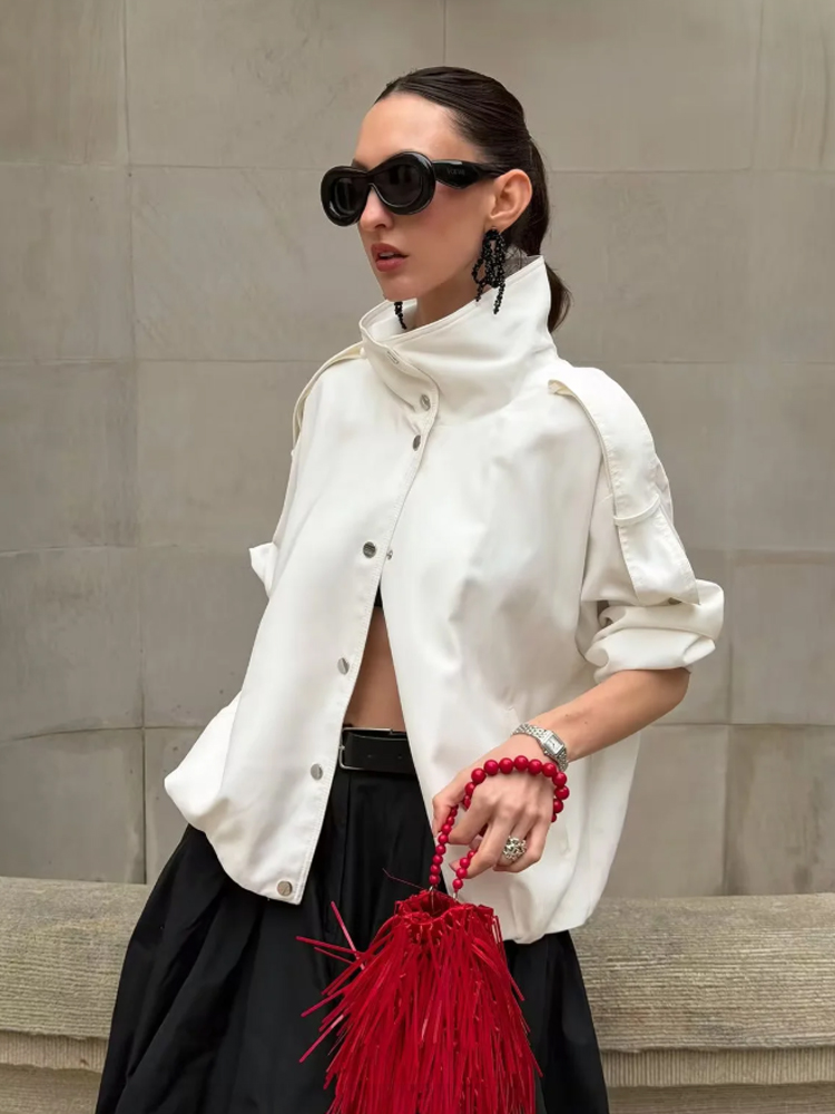 White High Collar Cropped Tren - Women'S Fashion Utility Jacket 评论和价格