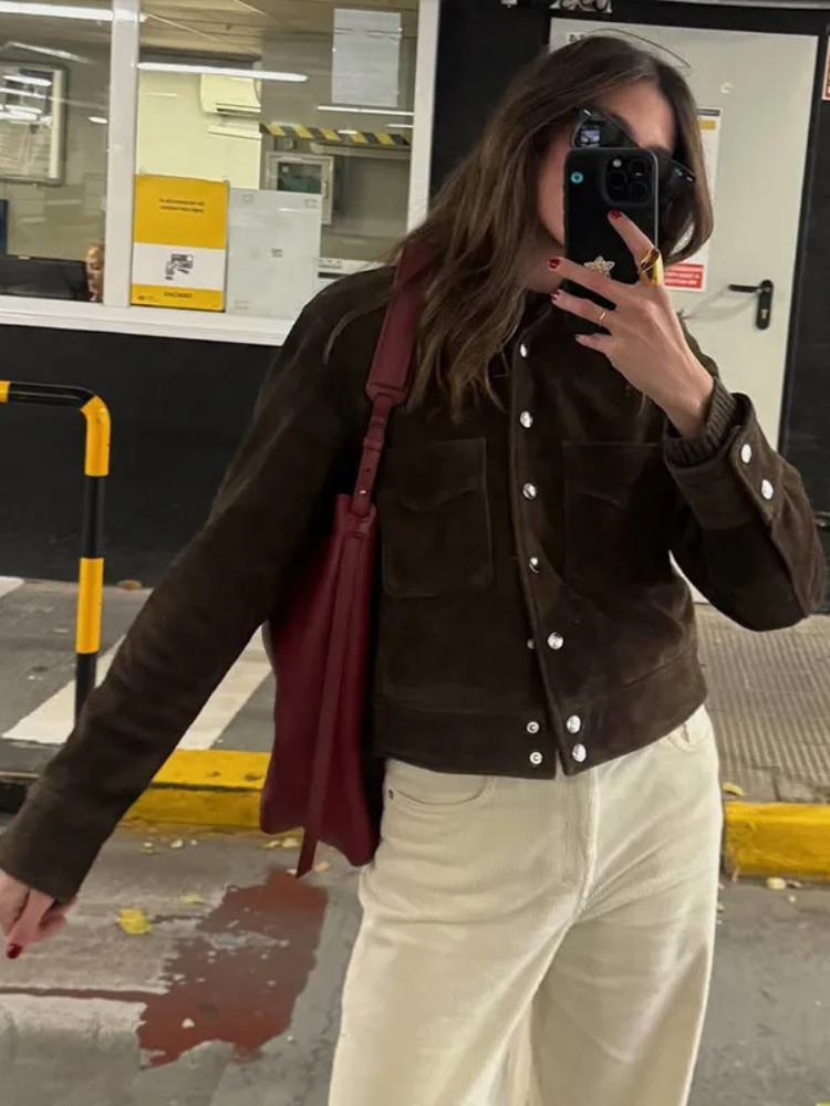 Women Vintage Brown Lapel Shor - Women'S Fashion Utility Jacket 评论和价格