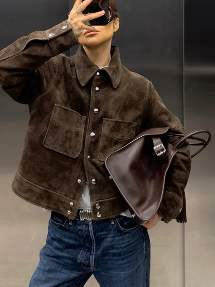 Women Vintage Brown Lapel Shor - Women'S Fashion Utility Jacket 评论和价格